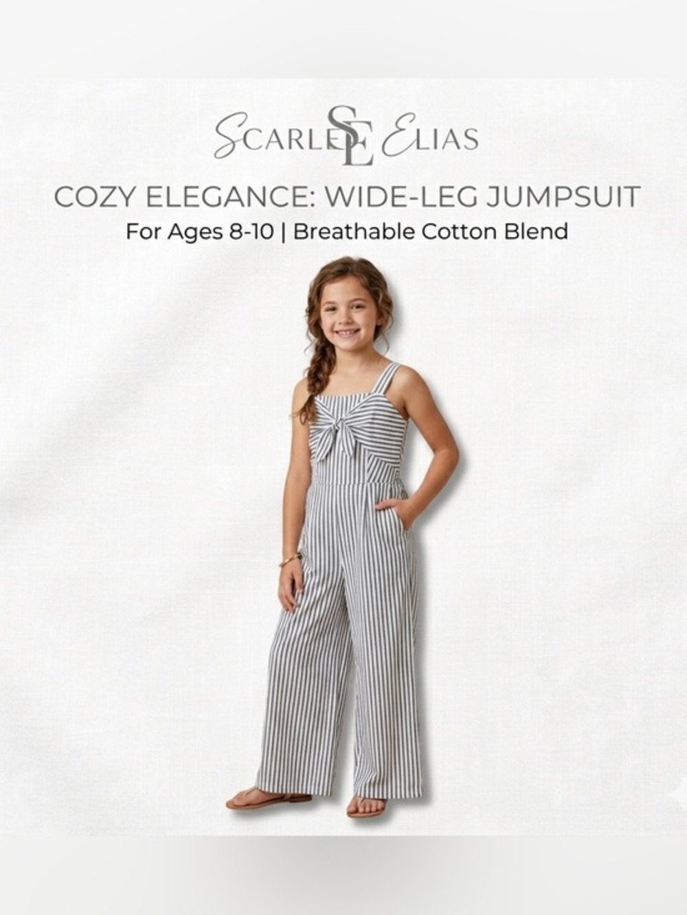 Girls Sz 10 Striped White and Grey Wide-Leg Jumpsuit
